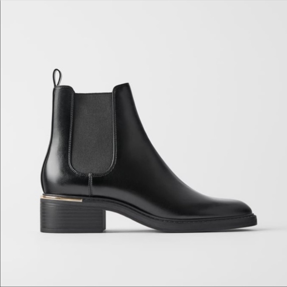 Zara - Faux Leather Chelsea Boots with Gold Trim Detail - Size 7.5